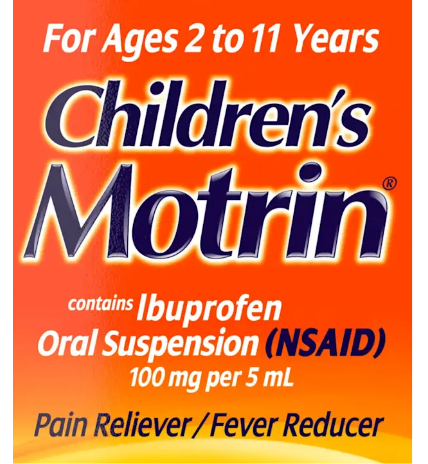 Children's Ibuprofen dosing directions panel 100 mg per 5 mL
