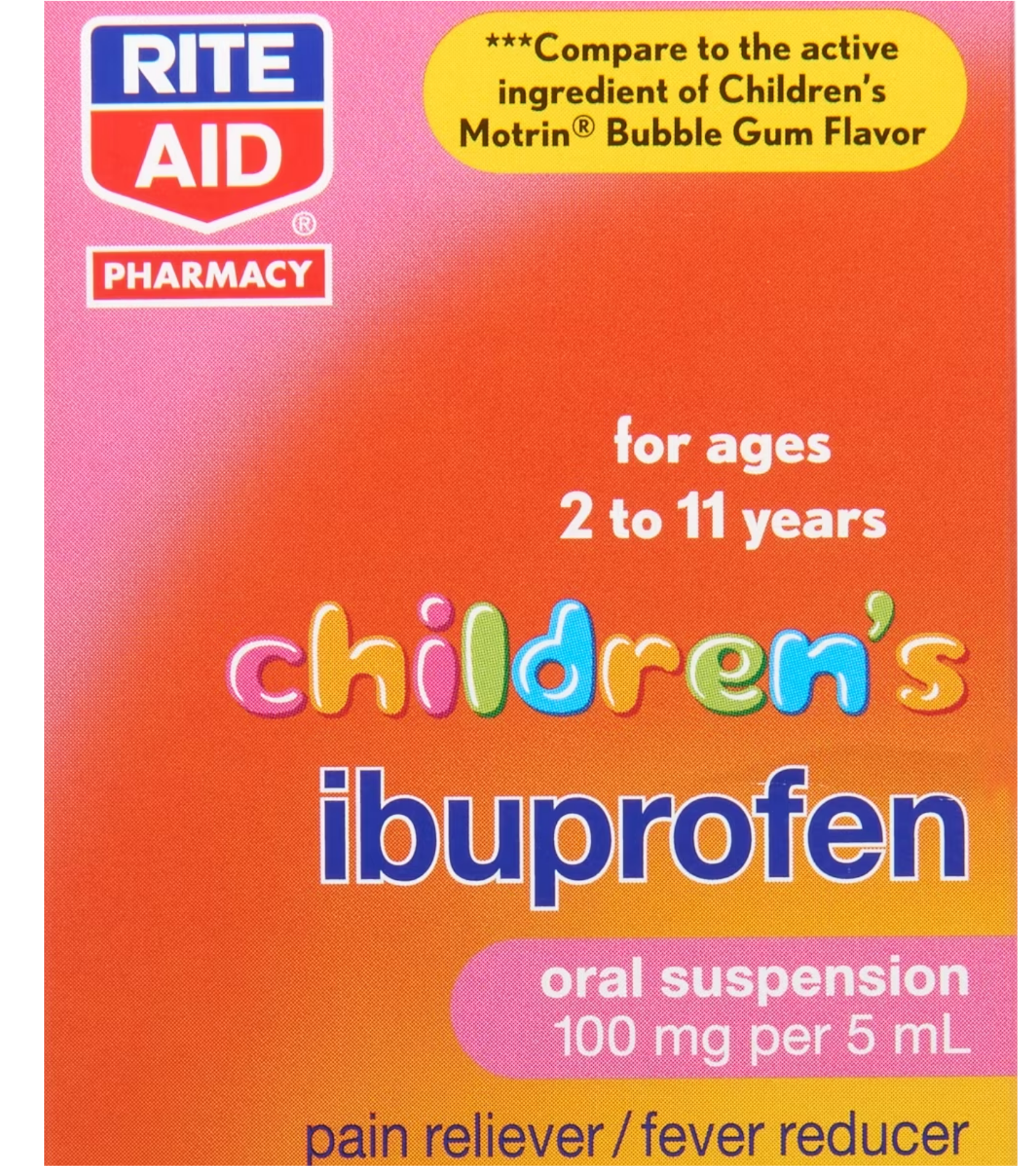 Bubble gum flavored store-brand ibuprofen suspension 100 mg per 5 mL